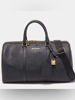 Michael Kors Jet Set Black Leather Weekender with Gold Hardware